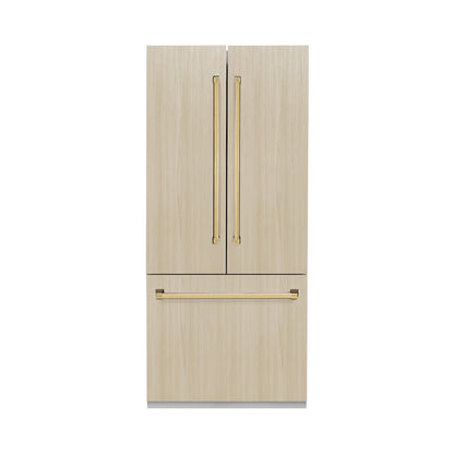 ZLINE Autograph Edition 36 in. 19.6 cu. ft. Panel Ready French Door Built-In Bottom Freezer Refrigerator with Water Dispenser and Ice Maker with Stainless Steel Interior and Polished Gold Accents (SRBIVZ-36-G)