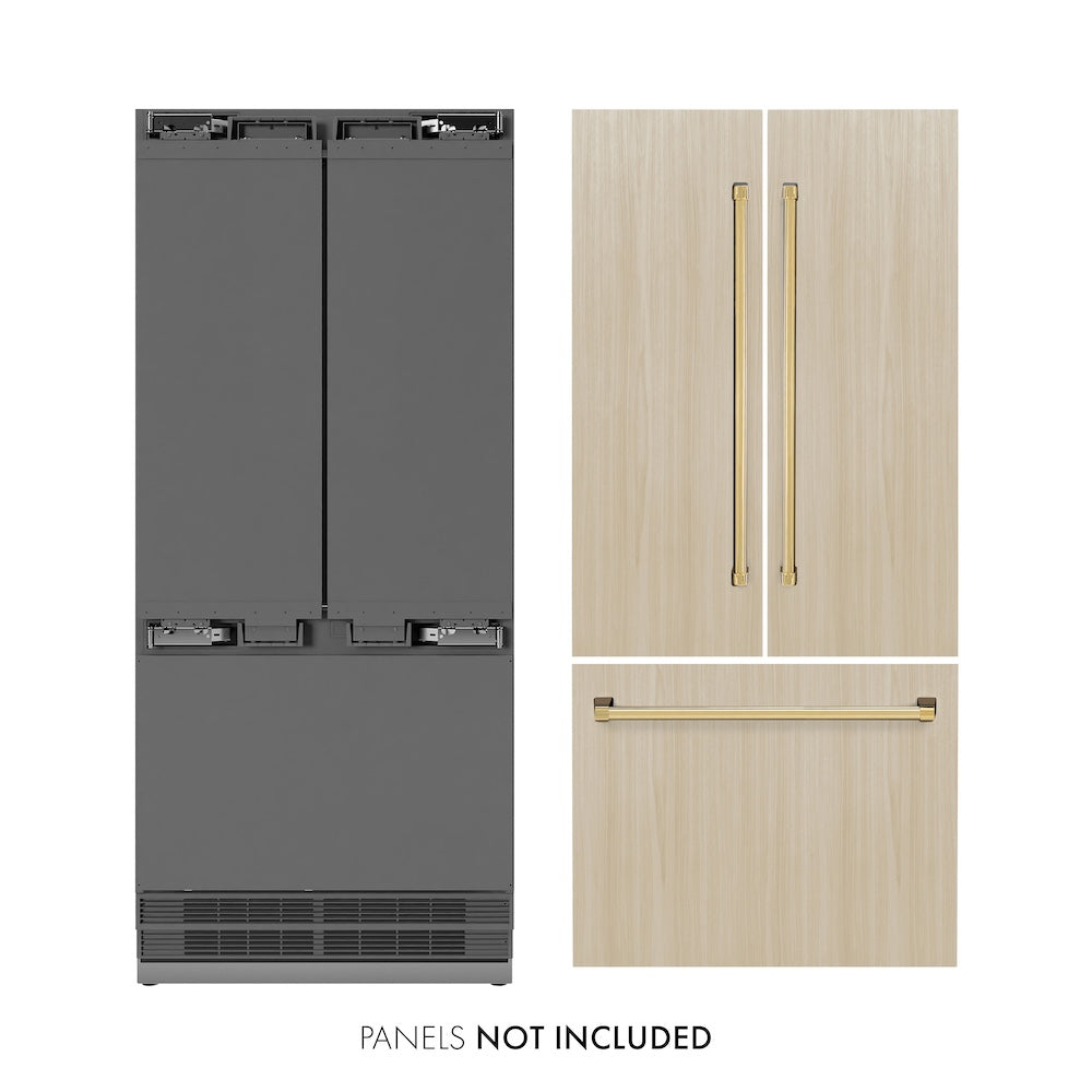 ZLINE Autograph Edition 36 in. 19.6 cu. ft. Panel Ready French Door Built-In Bottom Freezer Refrigerator with Water Dispenser and Ice Maker with Stainless Steel Interior and Polished Gold Accents (SRBIVZ-36-G)