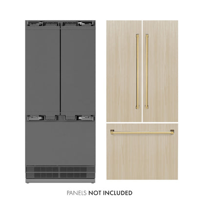 ZLINE Autograph Edition 36 in. 19.6 cu. ft. Panel Ready French Door Built-In Bottom Freezer Refrigerator with Water Dispenser and Ice Maker with Stainless Steel Interior and Polished Gold Accents (SRBIVZ-36-G)