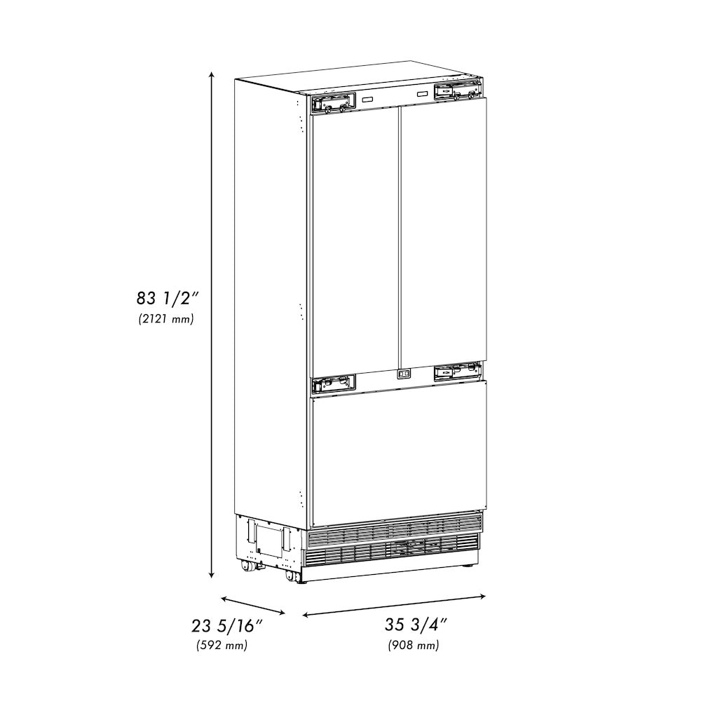 ZLINE Autograph Edition 36 in. 19.6 cu. ft. Panel Ready French Door Built-In Bottom Freezer Refrigerator with Water Dispenser and Ice Maker with Stainless Steel Interior and Matte Black Accents (SRBIVZ-36-MB)