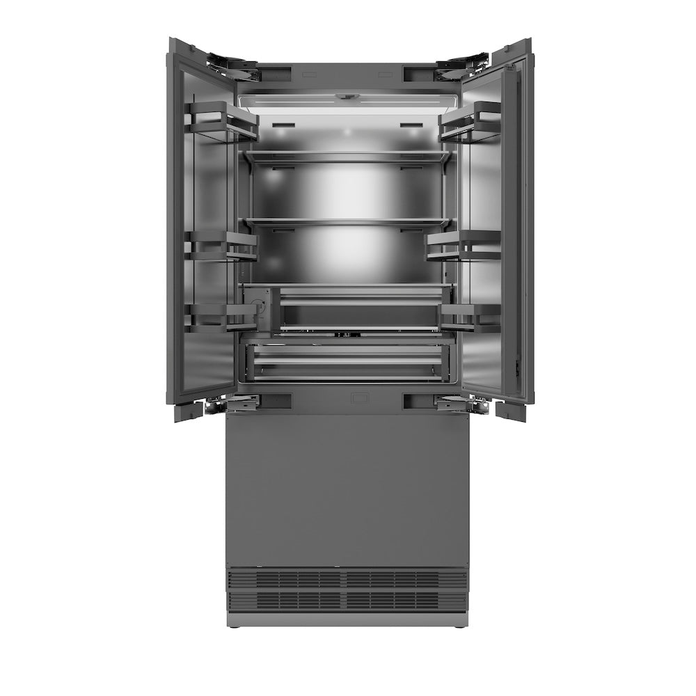 ZLINE Autograph Edition 36 in. 19.6 cu. ft. Panel Ready French Door Built-In Bottom Freezer Refrigerator with Water Dispenser and Ice Maker with Stainless Steel Interior and Matte Black Accents (SRBIVZ-36-MB)