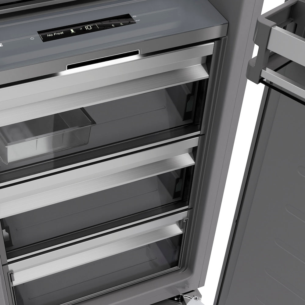 ZLINE Autograph Edition 18 in. 8.6 cu. ft. Right Hinge Column Freezer in Satin Stainless Steel with Graphite Gray Interior and Matte Black Accents (RCFVRZ-SN-18-MB)