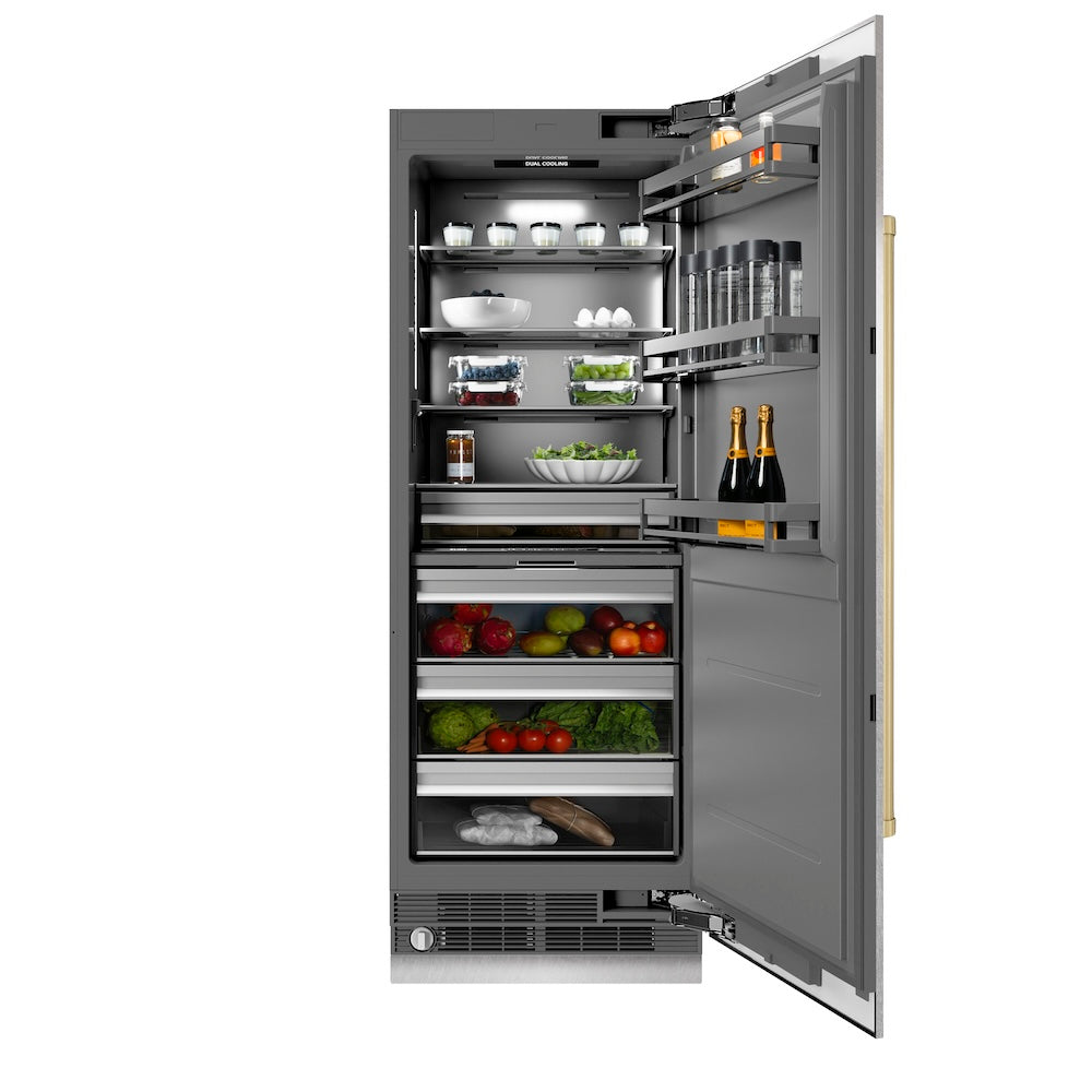 ZLINE Autograph Edition 30 in. 16.7 cu. ft. Column Refrigerator in Satin Stainless Steel with Graphite Gray Interior and Champagne Bronze Accents (RCRVZ-SN-30-CB)
