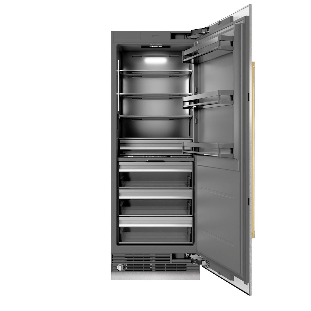 ZLINE Autograph Edition 30 in. 16.7 cu. ft. Column Refrigerator in Satin Stainless Steel with Graphite Gray Interior and Polished Gold Accents (RCRVZ-SN-30-G)