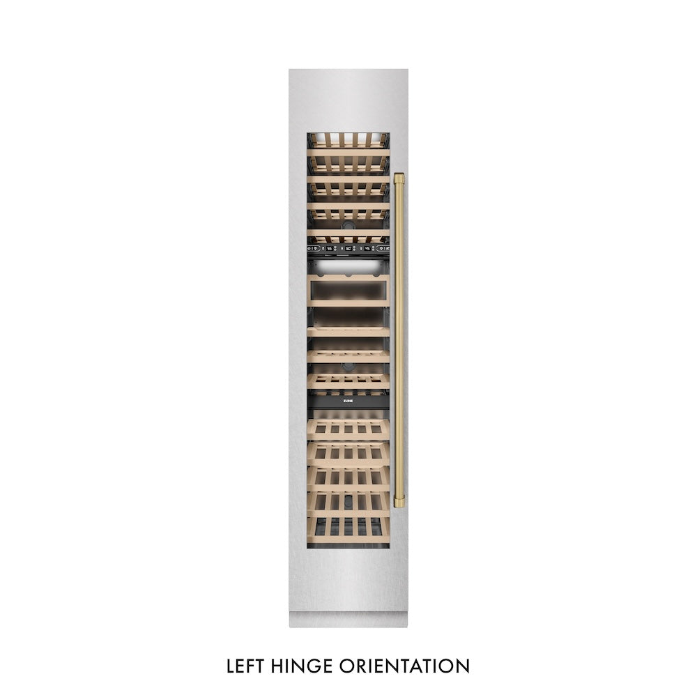 ZLINE Autograph Edition 18 in. 9.0 cu. ft. Triple Zone 68 Bottle Left Hinge Column Wine Cooler in Satin Stainless Steel with Champagne Bronze Accents (RCWVLZ-SN-18-CB)