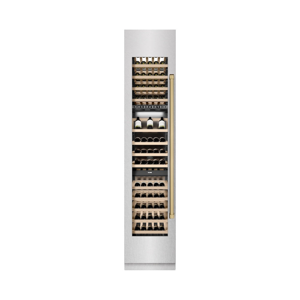 ZLINE Autograph Edition 18 in. 9.0 cu. ft. Triple Zone 68 Bottle Left Hinge Column Wine Cooler in Satin Stainless Steel with Champagne Bronze Accents (RCWVLZ-SN-18-CB)