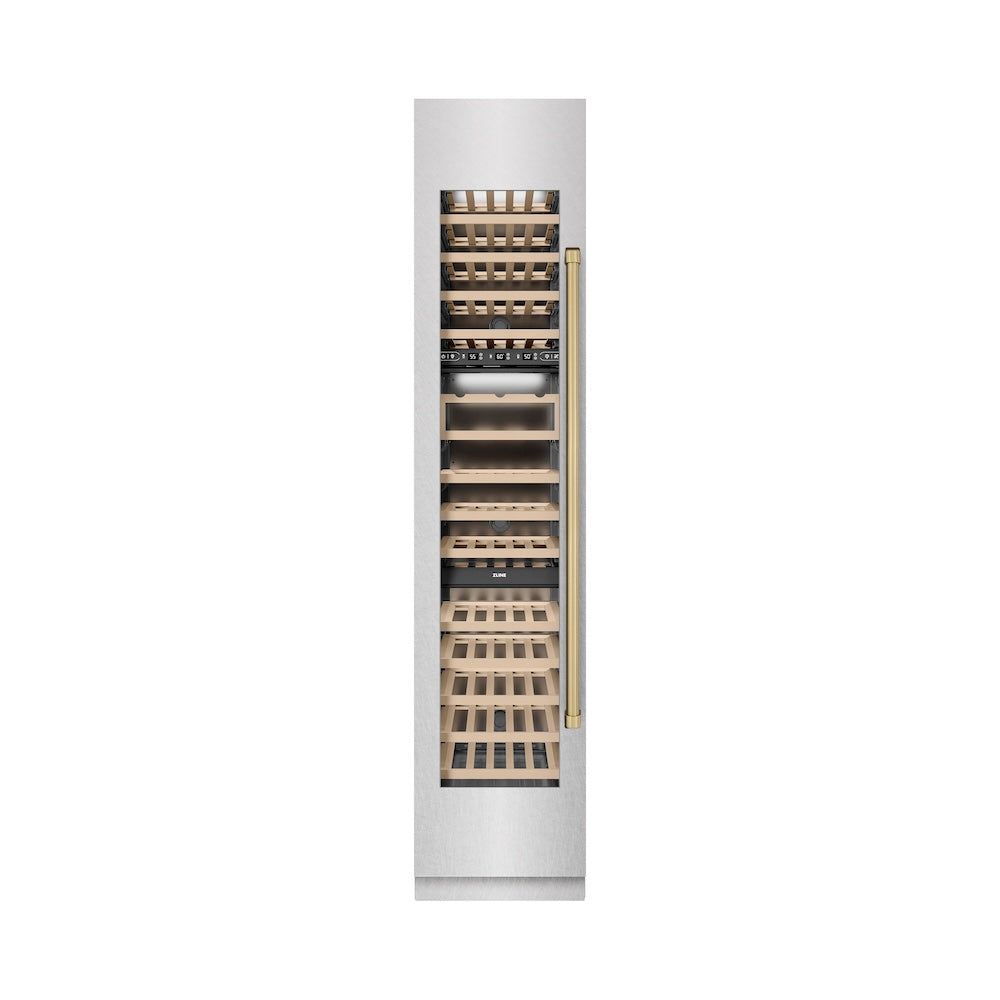 ZLINE Autograph Edition 18 in. 9.0 cu. ft. Triple Zone 68 Bottle Left Hinge Column Wine Cooler in Satin Stainless Steel with Champagne Bronze Accents (RCWVLZ-SN-18-CB)