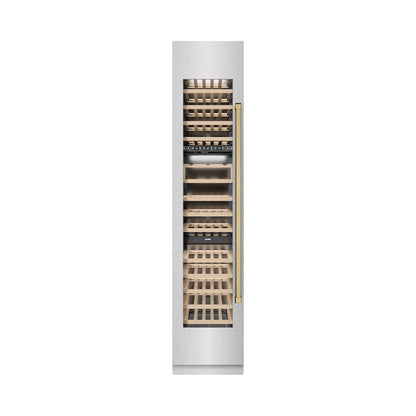 ZLINE Autograph Edition 18 in. 9.0 cu. ft. Triple Zone 68 Bottle Left Hinge Column Wine Cooler in Satin Stainless Steel with Champagne Bronze Accents (RCWVLZ-SN-18-CB)