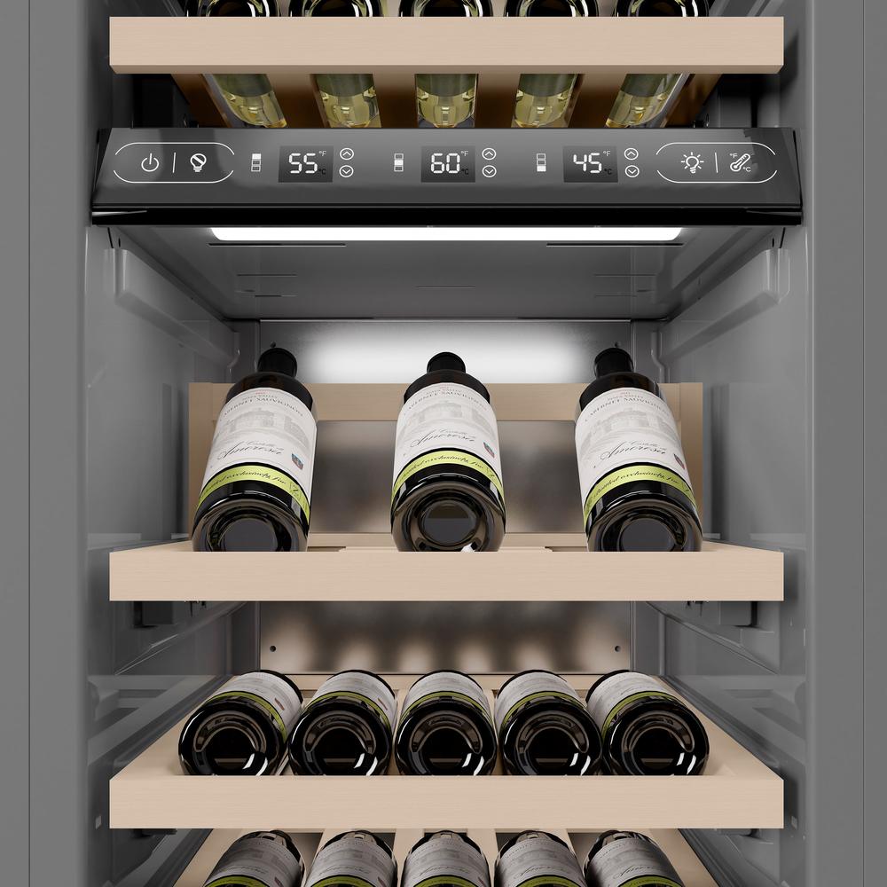 ZLINE Autograph Edition 18 in. 9.0 cu. ft. Triple Zone 68 Bottle Left Hinge Column Wine Cooler in Satin Stainless Steel with Polished Gold Accents (RCWVLZ-SN-18-G)