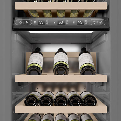 ZLINE Autograph Edition 18 in. 9.0 cu. ft. Triple Zone 68 Bottle Left Hinge Column Wine Cooler in Satin Stainless Steel with Polished Gold Accents (RCWVLZ-SN-18-G)