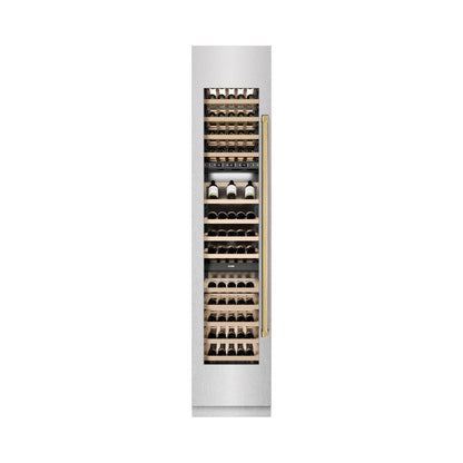 ZLINE Autograph Edition 18 in. 9.0 cu. ft. Triple Zone 68 Bottle Left Hinge Column Wine Cooler in Satin Stainless Steel with Polished Gold Accents (RCWVLZ-SN-18-G)