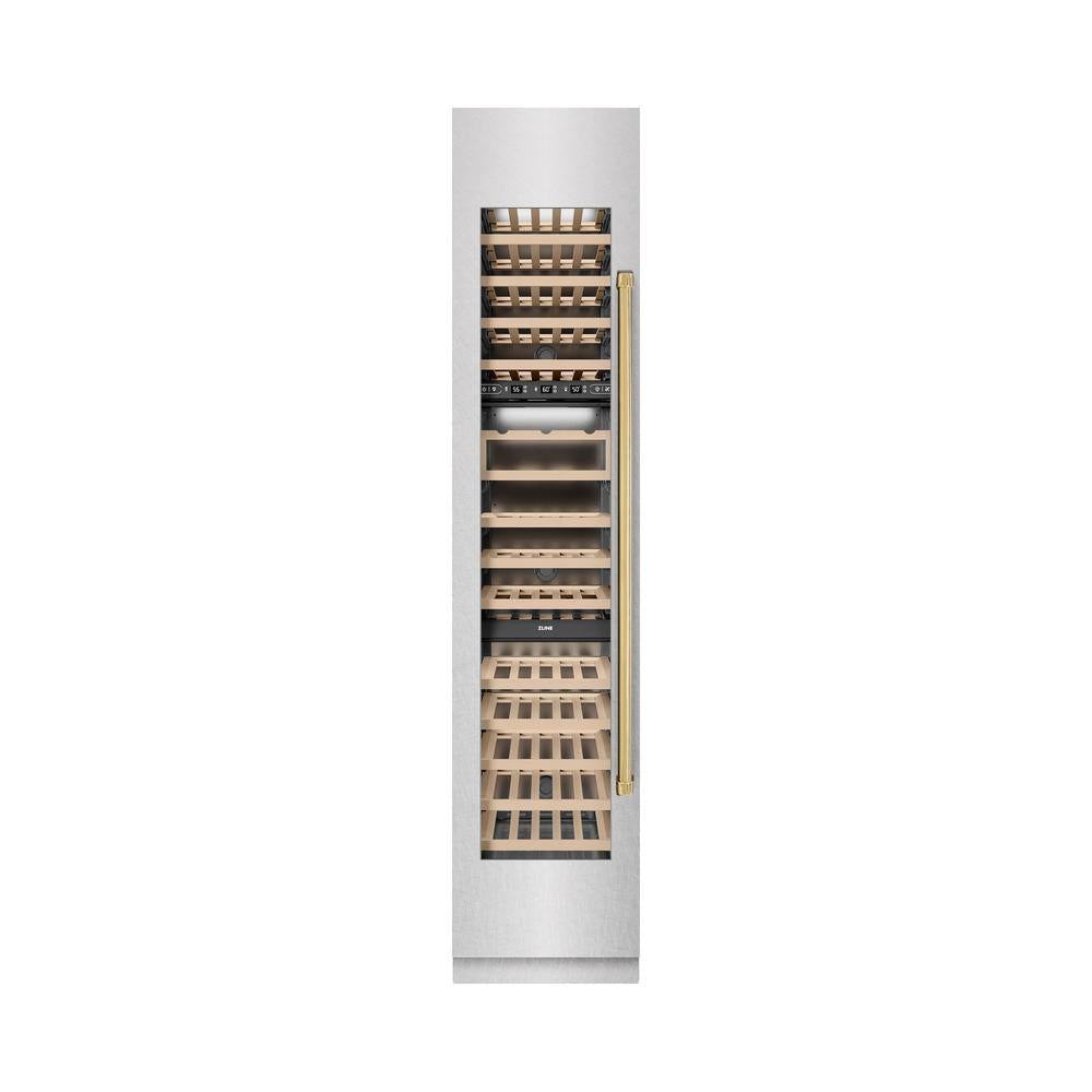 ZLINE Autograph Edition 18 in. 9.0 cu. ft. Triple Zone 68 Bottle Left Hinge Column Wine Cooler in Satin Stainless Steel with Polished Gold Accents (RCWVLZ-SN-18-G)