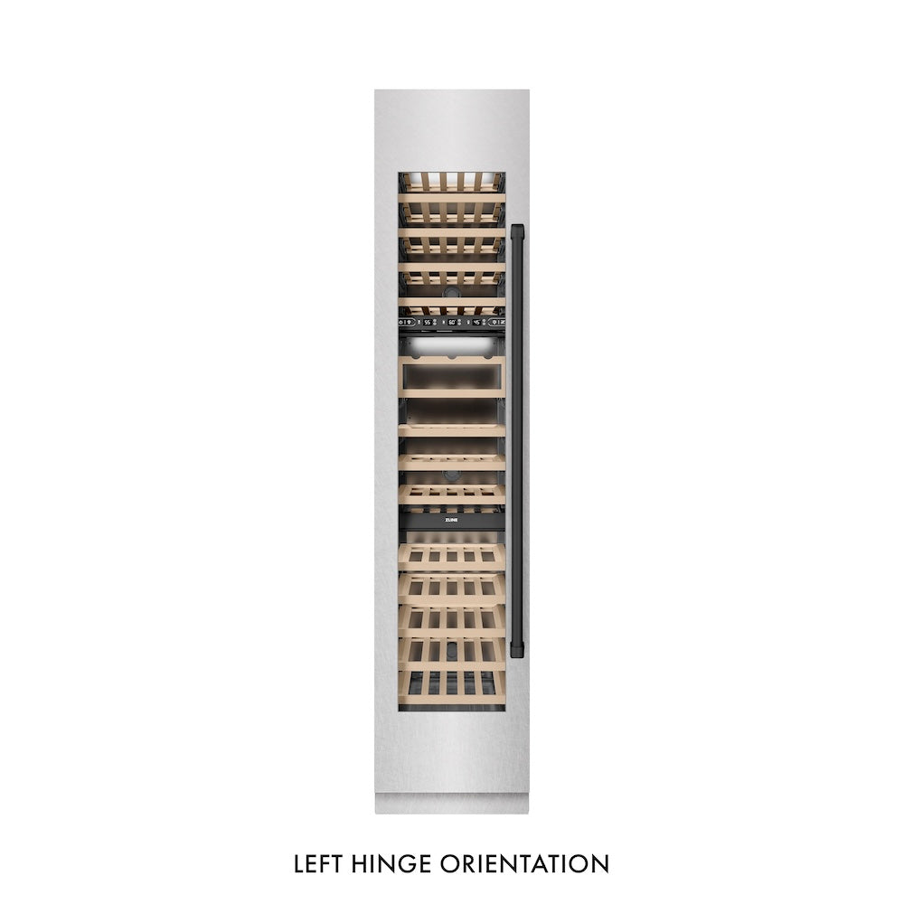 ZLINE Autograph Edition 18 in. 9.0 cu. ft. Triple Zone 68 Bottle Left Hinge Column Wine Cooler in Satin Stainless Steel with Matte Black Accents (RCWVLZ-SN-18-MB)