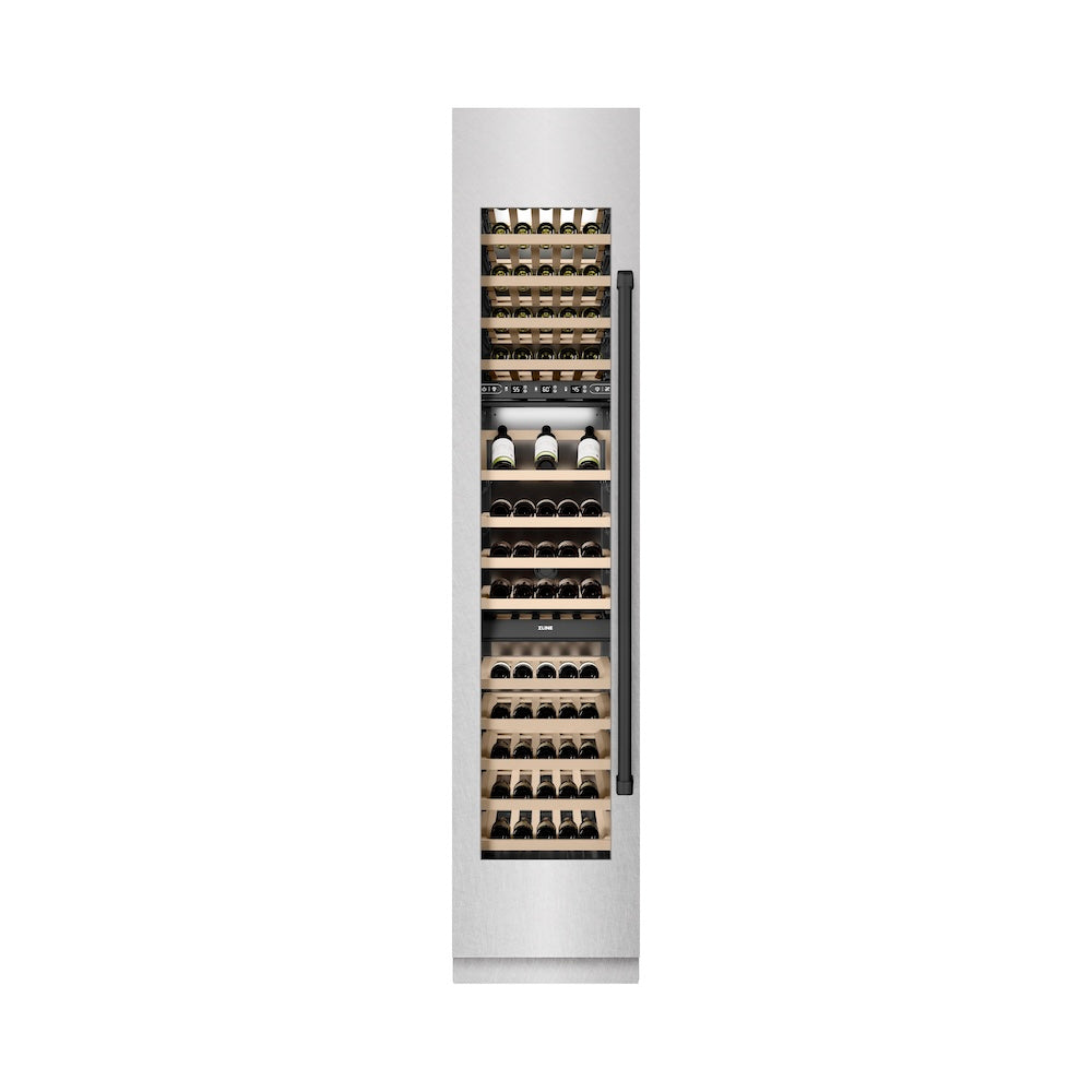 ZLINE Autograph Edition 18 in. 9.0 cu. ft. Triple Zone 68 Bottle Left Hinge Column Wine Cooler in Satin Stainless Steel with Matte Black Accents (RCWVLZ-SN-18-MB)