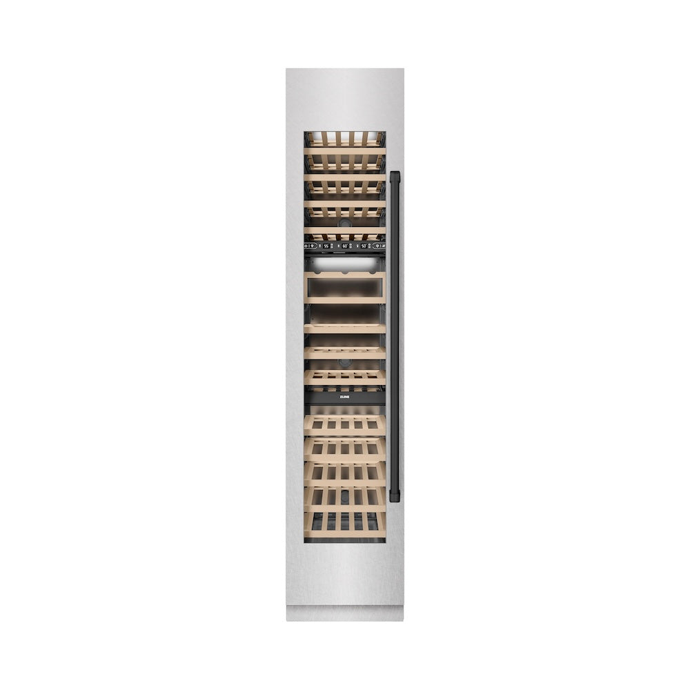 ZLINE Autograph Edition 18 in. 9.0 cu. ft. Triple Zone 68 Bottle Left Hinge Column Wine Cooler in Satin Stainless Steel with Matte Black Accents (RCWVLZ-SN-18-MB)