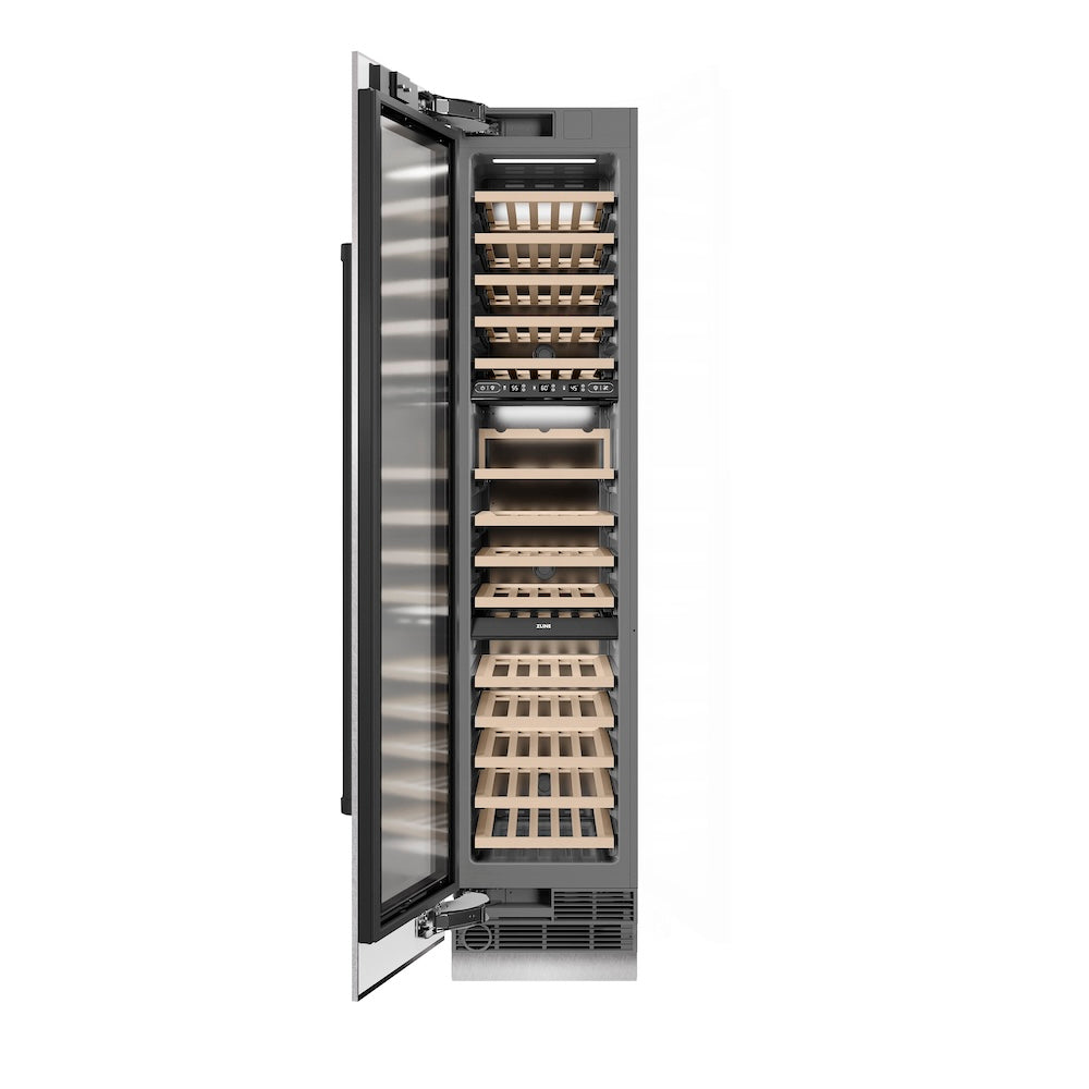 ZLINE Autograph Edition 18 in. 9.0 cu. ft. Triple Zone 68 Bottle Left Hinge Column Wine Cooler in Satin Stainless Steel with Matte Black Accents (RCWVLZ-SN-18-MB)