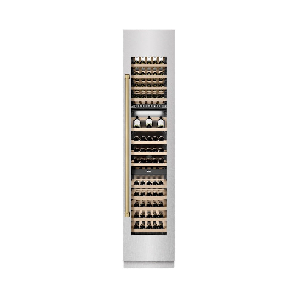 ZLINE Autograph Edition 18 in. 9.0 cu. ft. Triple Zone 68 Bottle Right Hinge Column Wine Cooler in Satin Stainless Steel with Champagne Bronze Accents (RCWVRZ-SN-18-CB)