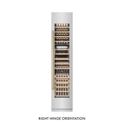 ZLINE Autograph Edition 18 in. 9.0 cu. ft. Triple Zone 68 Bottle Right Hinge Column Wine Cooler in Satin Stainless Steel with Polished Gold Accents (RCWVRZ-SN-18-G)