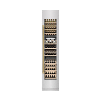 ZLINE Autograph Edition 18 in. 9.0 cu. ft. Triple Zone 68 Bottle Right Hinge Column Wine Cooler in Satin Stainless Steel with Polished Gold Accents (RCWVRZ-SN-18-G)