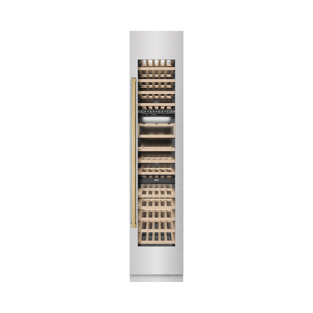 ZLINE Autograph Edition 18 in. 9.0 cu. ft. Triple Zone 68 Bottle Right Hinge Column Wine Cooler in Satin Stainless Steel with Polished Gold Accents (RCWVRZ-SN-18-G)
