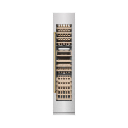 ZLINE Autograph Edition 18 in. 9.0 cu. ft. Triple Zone 68 Bottle Right Hinge Column Wine Cooler in Satin Stainless Steel with Polished Gold Accents (RCWVRZ-SN-18-G)
