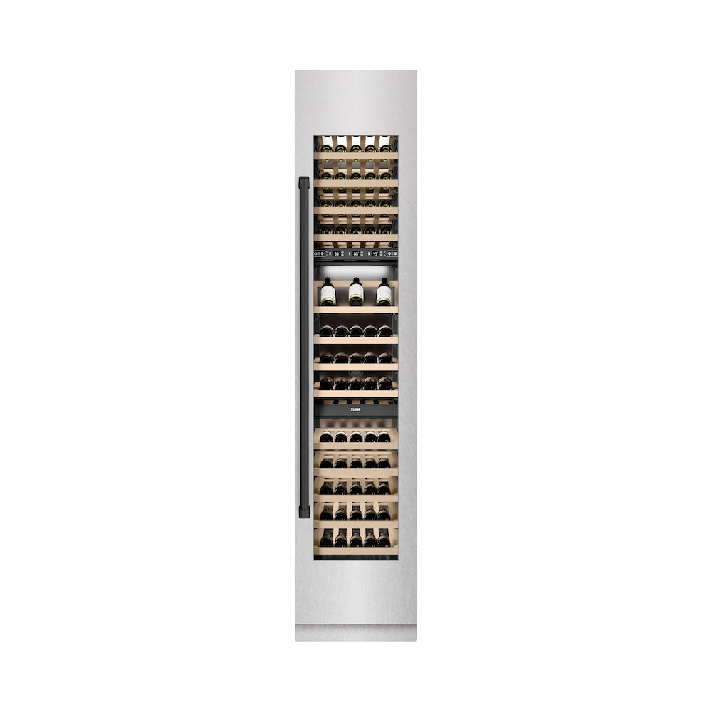 ZLINE Autograph Edition 18 in. 9.0 cu. ft. Triple Zone 68 Bottle Right Hinge Column Wine Cooler in Satin Stainless Steel with Matte Black Accents (RCWVRZ-SN-18-MB)