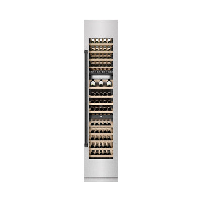 ZLINE Autograph Edition 18 in. 9.0 cu. ft. Triple Zone 68 Bottle Right Hinge Column Wine Cooler in Satin Stainless Steel with Matte Black Accents (RCWVRZ-SN-18-MB)