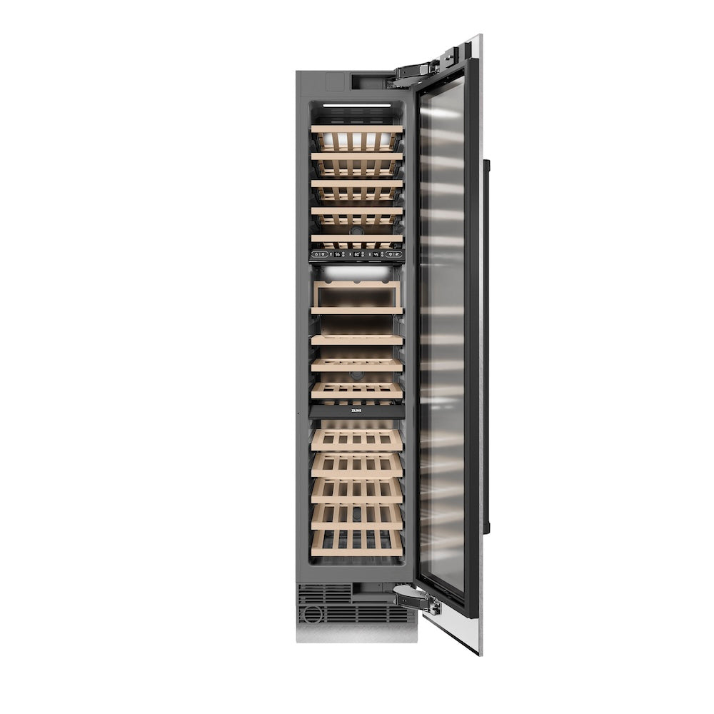 ZLINE Autograph Edition 18 in. 9.0 cu. ft. Triple Zone 68 Bottle Right Hinge Column Wine Cooler in Satin Stainless Steel with Matte Black Accents (RCWVRZ-SN-18-MB)