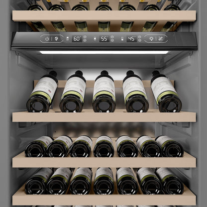 ZLINE Autograph Edition 24 in. 12.4 cu. ft. Triple Zone 100 Bottle Column Wine Cooler in Satin Stainless Steel and Champagne Bronze Accents (RCWVZ-SN-24-CB)