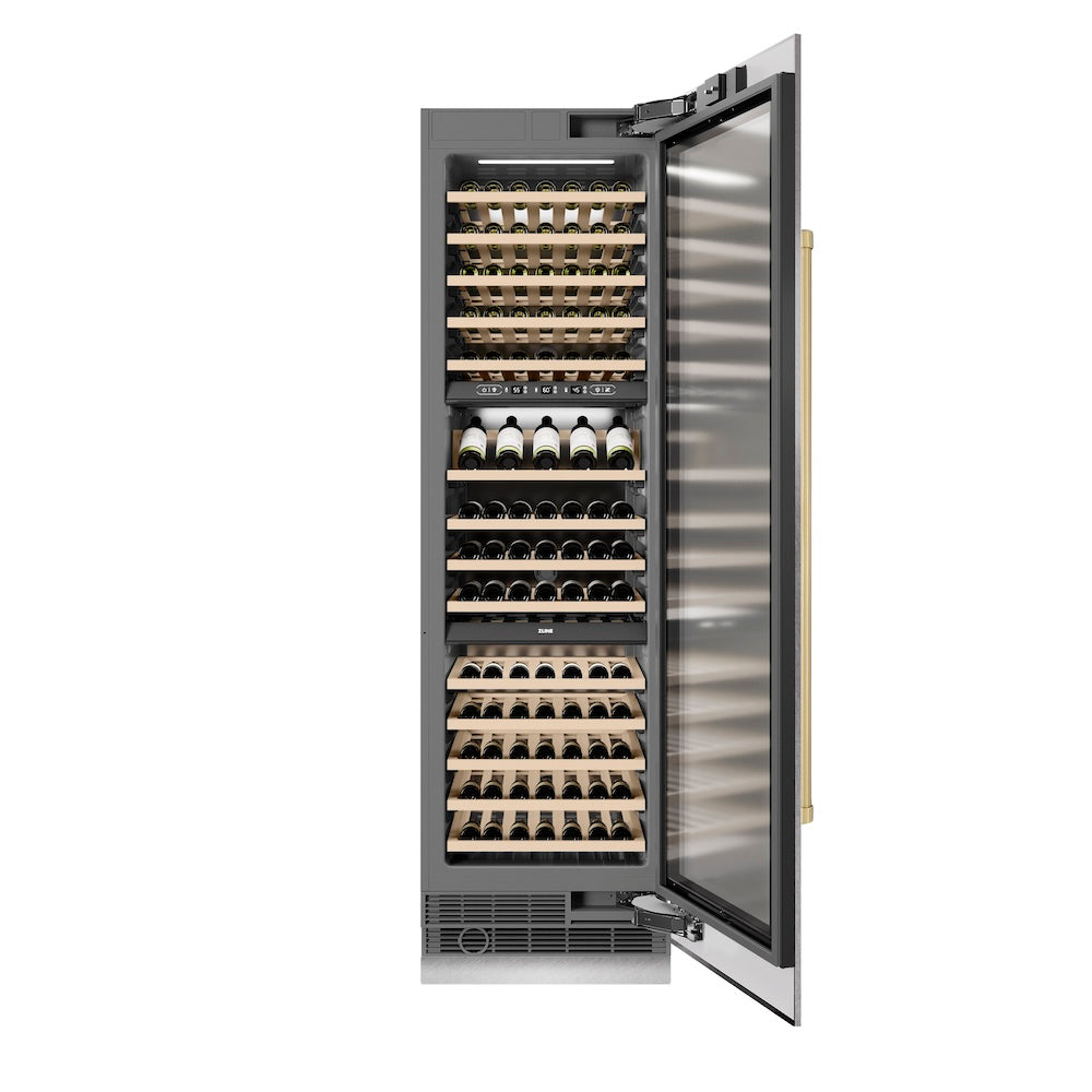 ZLINE Autograph Edition 24 in. 12.4 cu. ft. Triple Zone 100 Bottle Column Wine Cooler in Satin Stainless Steel and Champagne Bronze Accents (RCWVZ-SN-24-CB)