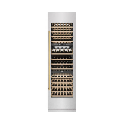 ZLINE Autograph Edition 24 in. 12.4 cu. ft. Triple Zone 100 Bottle Column Wine Cooler in Satin Stainless Steel and Polished Gold Accents (RCWVZ-SN-24-G)