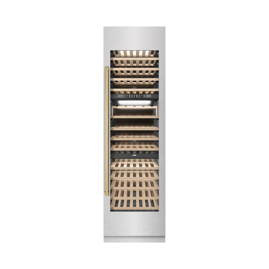 ZLINE Autograph Edition 24 in. 12.4 cu. ft. Triple Zone 100 Bottle Column Wine Cooler in Satin Stainless Steel and Polished Gold Accents (RCWVZ-SN-24-G)
