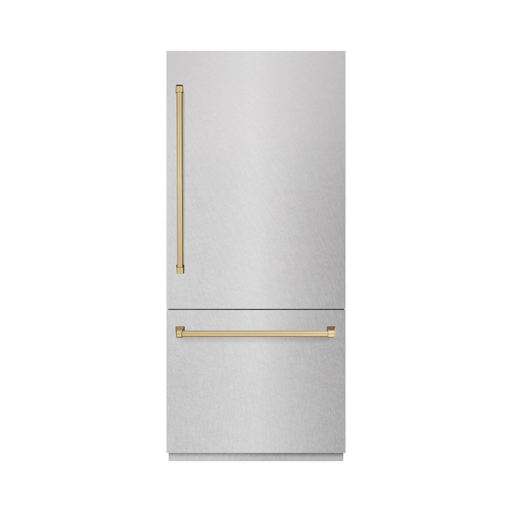 ZLINE Autograph Edition 36 in. 19.8 cu. ft. Built-In Bottom Freezer Refrigerator with Water Dispenser and Ice Maker in Satin Stainless Steel with Graphite Gray Interior and Champagne Bronze Accents (GRBITZ-SN-36-CB)