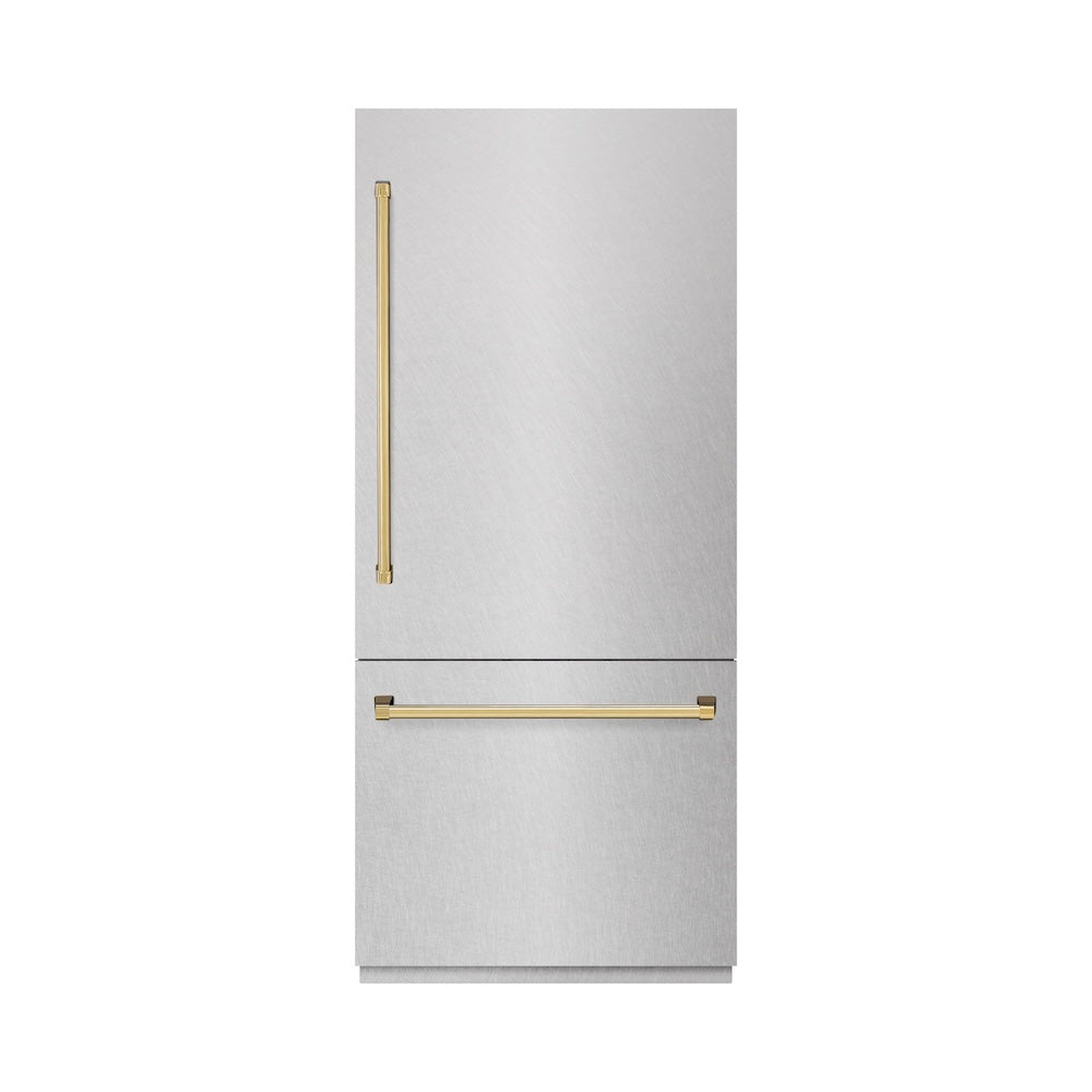 ZLINE Autograph Edition 36 in. 19.8 cu. ft. Built-In Bottom Freezer Refrigerator with Water Dispenser and Ice Maker in Satin Stainless Steel with Graphite Gray Interior and Polished Gold Accents (GRBITZ-SN-36-G)