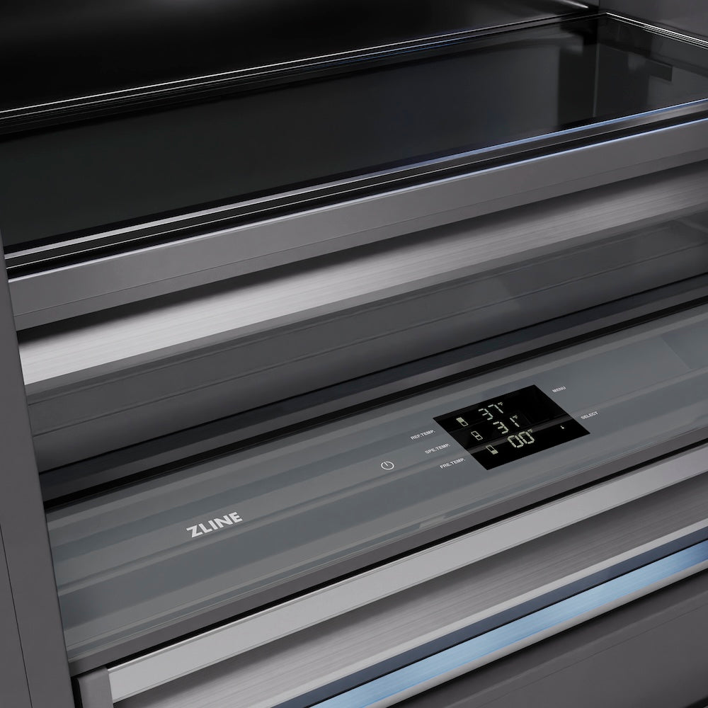 ZLINE Autograph Edition 36 in. 19.8 cu. ft. Built-In Bottom Freezer Refrigerator with Water Dispenser and Ice Maker in Satin Stainless Steel with Graphite Gray Interior and Matte Black Accents (GRBITZ-SN-36-MB)