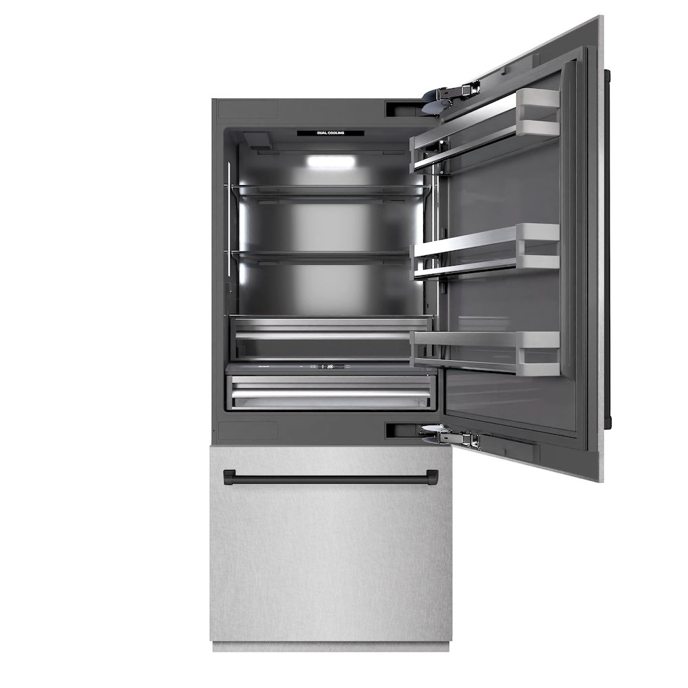 ZLINE Autograph Edition 36 in. 19.8 cu. ft. Built-In Bottom Freezer Refrigerator with Water Dispenser and Ice Maker in Satin Stainless Steel with Graphite Gray Interior and Matte Black Accents (GRBITZ-SN-36-MB)