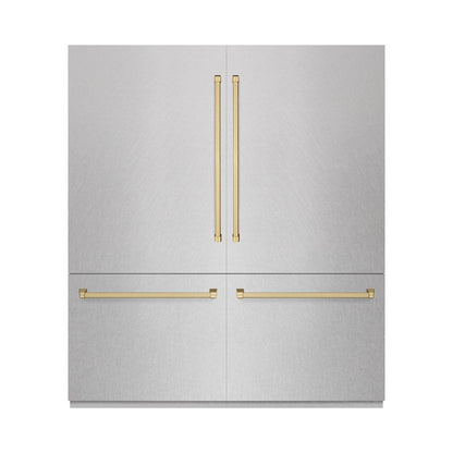 ZLINE Autograph Edition 72 in. 39.6 cu. ft. French Door Built-In Bottom Freezer Refrigerator with Water Dispensers and Ice Makers in Satin Stainless Steel with Graphite Gray Interior and Champagne Bronze Accents (GRBITZ-SN-72-CB)