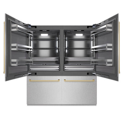 ZLINE Autograph Edition 72 in. 39.6 cu. ft. French Door Built-In Bottom Freezer Refrigerator with Water Dispensers and Ice Makers in Satin Stainless Steel with Graphite Gray Interior and Champagne Bronze Accents (GRBITZ-SN-72-CB)