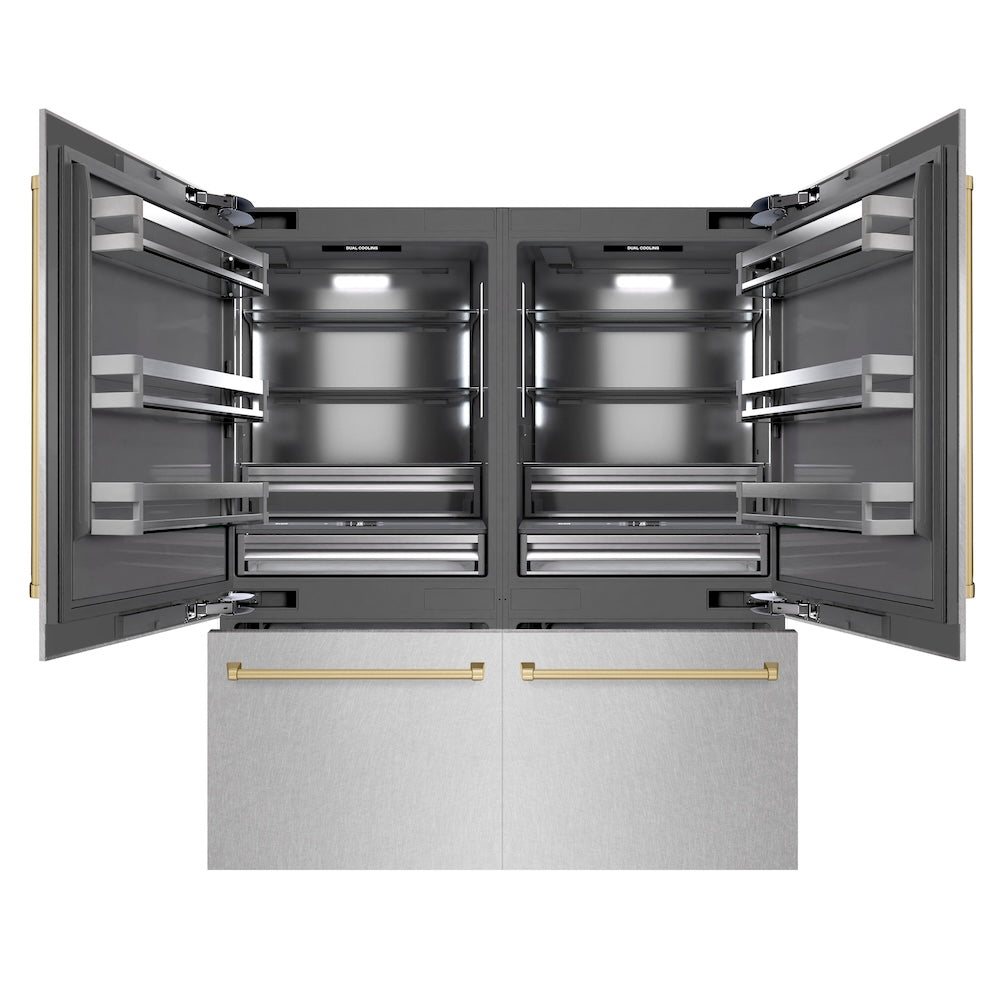 ZLINE Autograph Edition 72 in. 39.6 cu. ft. French Door Built-In Bottom Freezer Refrigerator with Water Dispensers and Ice Makers in Satin Stainless Steel with Graphite Gray Interior and Champagne Bronze Accents (GRBITZ-SN-72-CB)