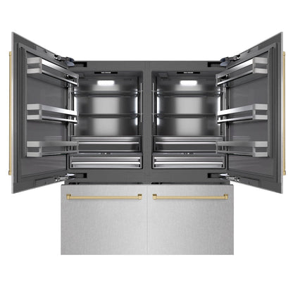 ZLINE Autograph Edition 72 in. 39.6 cu. ft. French Door Built-In Bottom Freezer Refrigerator with Water Dispensers and Ice Makers in Satin Stainless Steel with Graphite Gray Interior and Champagne Bronze Accents (GRBITZ-SN-72-CB)