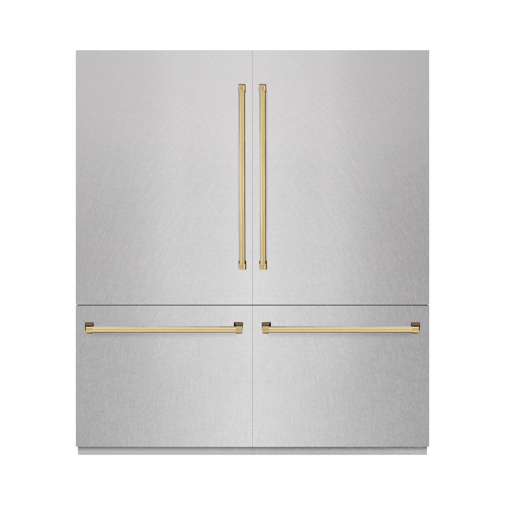 ZLINE Autograph Edition 72 in. 39.6 cu. ft. French Door Built-In Bottom Freezer Refrigerator with Water Dispensers and Ice Makers in Satin Stainless Steel with graphite Gray Interior and Polished Gold Accents (GRBITZ-SN-72-G)