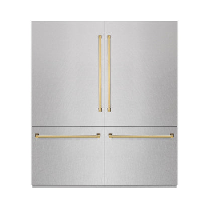 ZLINE Autograph Edition 72 in. 39.6 cu. ft. French Door Built-In Bottom Freezer Refrigerator with Water Dispensers and Ice Makers in Satin Stainless Steel with graphite Gray Interior and Polished Gold Accents (GRBITZ-SN-72-G)