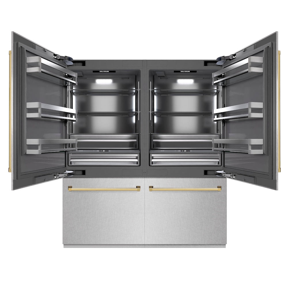 ZLINE Autograph Edition 72 in. 39.6 cu. ft. French Door Built-In Bottom Freezer Refrigerator with Water Dispensers and Ice Makers in Satin Stainless Steel with graphite Gray Interior and Polished Gold Accents (GRBITZ-SN-72-G)