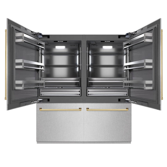 ZLINE Autograph Edition 72 in. 39.6 cu. ft. French Door Built-In Bottom Freezer Refrigerator with Water Dispensers and Ice Makers in Satin Stainless Steel with graphite Gray Interior and Polished Gold Accents (GRBITZ-SN-72-G)