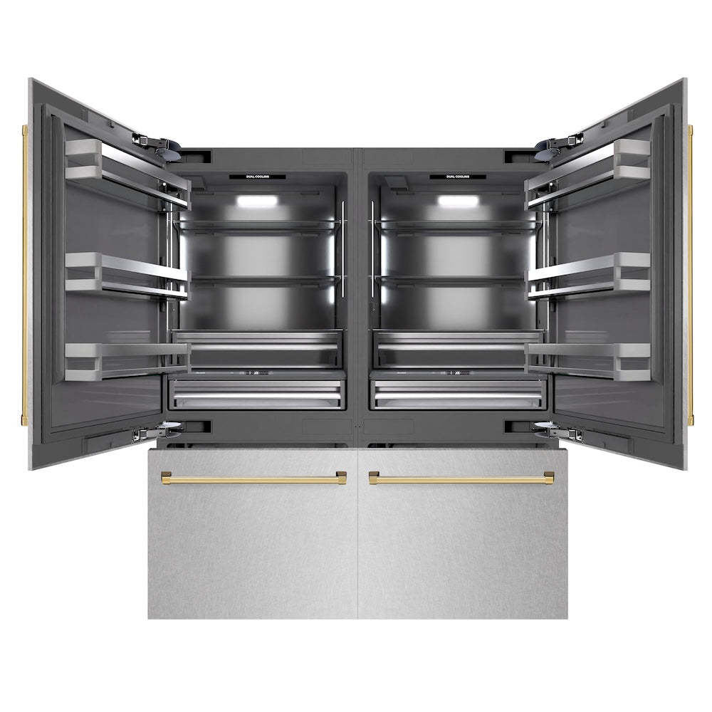 ZLINE Autograph Edition 72 in. 39.6 cu. ft. French Door Built-In Bottom Freezer Refrigerator with Water Dispensers and Ice Makers in Satin Stainless Steel with graphite Gray Interior and Polished Gold Accents (GRBITZ-SN-72-G)