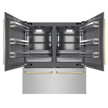 ZLINE Autograph Edition 72 in. 39.6 cu. ft. French Door Built-In Bottom Freezer Refrigerator with Water Dispensers and Ice Makers in Satin Stainless Steel with graphite Gray Interior and Polished Gold Accents (GRBITZ-SN-72-G)