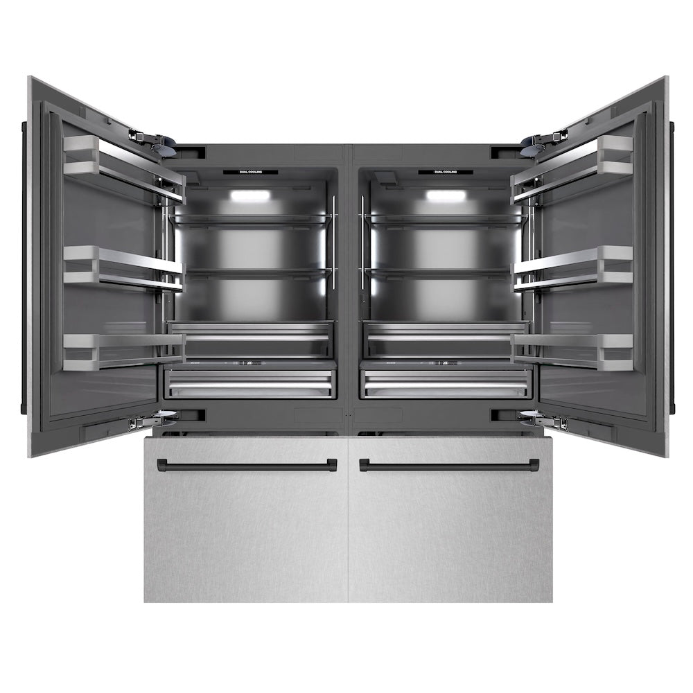 ZLINE Autograph Edition 72 in. 39.6 cu. ft. French Door Built-In Bottom Freezer Refrigerator with Water Dispensers and Ice Makers in Satin Stainless Steel with Graphite Gray Interior and Matte Black Accents (GRBITZ-SN-72-MB)
