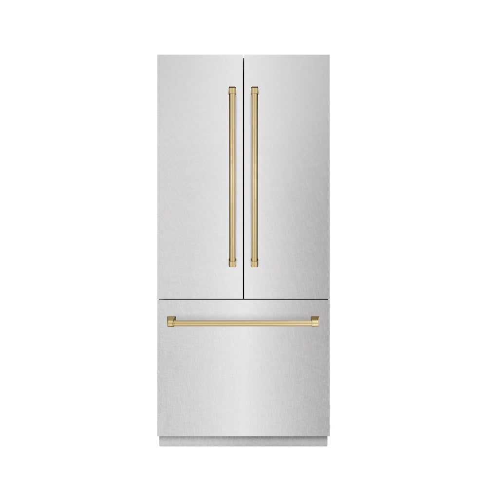 ZLINE Autograph Edition 36 in. 19.6 cu. ft. French Door Built-In Bottom Freezer Refrigerator with Water Dispenser and Ice Maker in Satin Stainless Steel with Graphite Gray Interior and Champagne Bronze Accents (GRBIVZ-SN-36-CB)