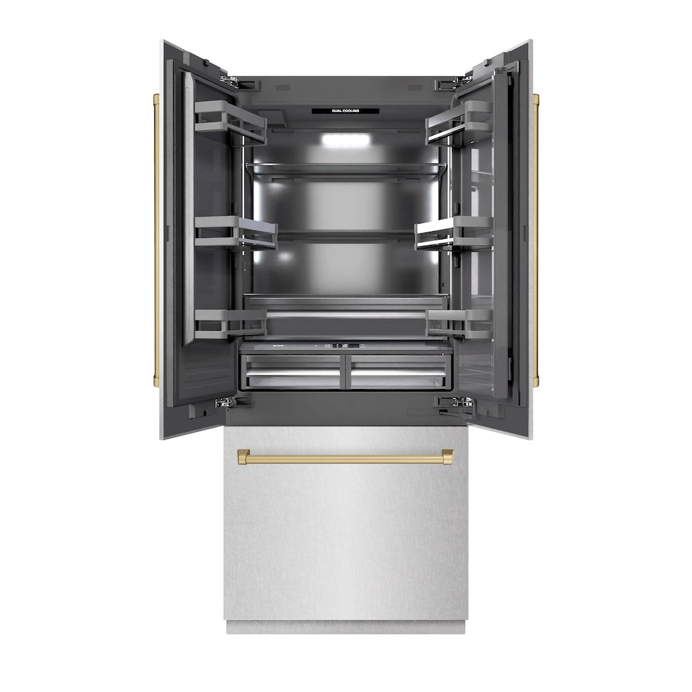 ZLINE Autograph Edition 36 in. 19.6 cu. ft. French Door Built-In Bottom Freezer Refrigerator with Water Dispenser and Ice Maker in Satin Stainless Steel with Graphite Gray Interior and Champagne Bronze Accents (GRBIVZ-SN-36-CB)