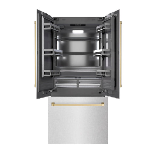 ZLINE Autograph Edition 36 in. 19.6 cu. ft. French Door Built-In Bottom Freezer Refrigerator with Water Dispenser and Ice Maker in Satin Stainless Steel with Graphite Gray Interior and Champagne Bronze Accents (GRBIVZ-SN-36-CB)